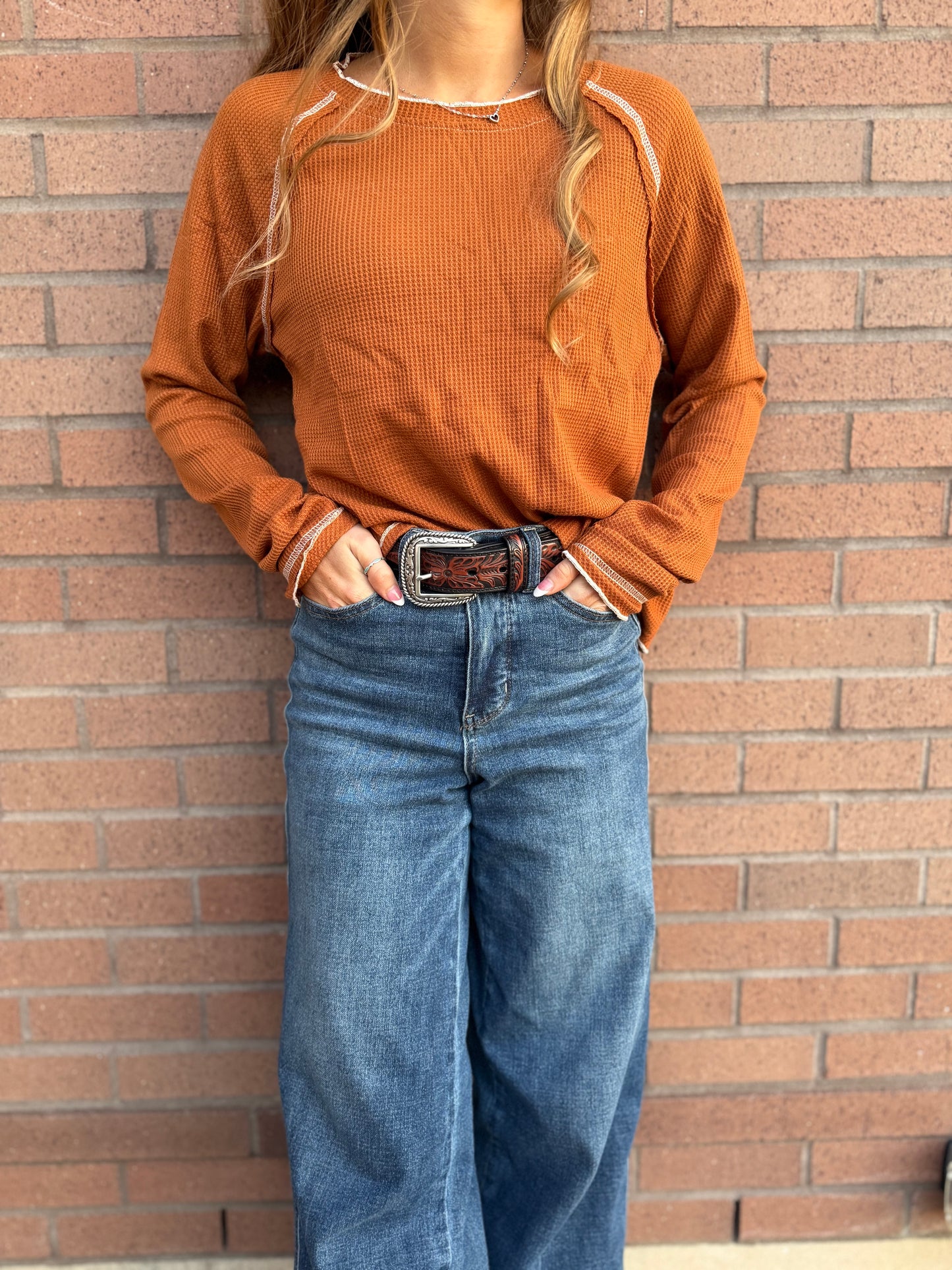 Waffle knit long sleeve orange
