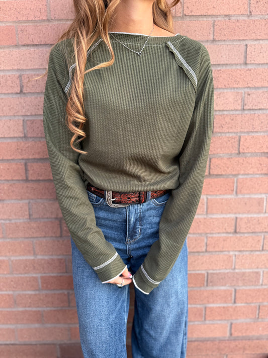 Forest green long sleeve waffle knit
