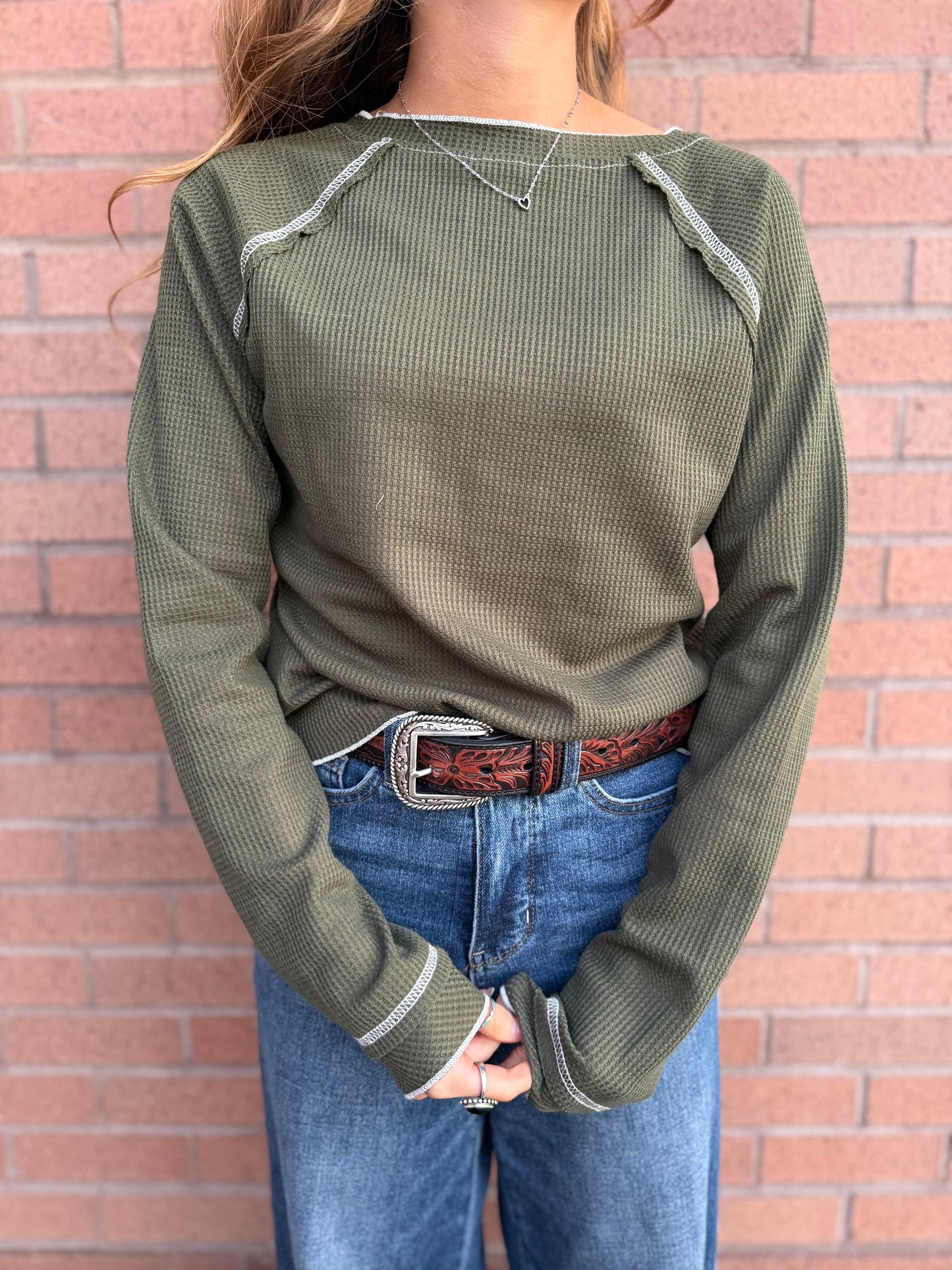 Forest green long sleeve waffle knit